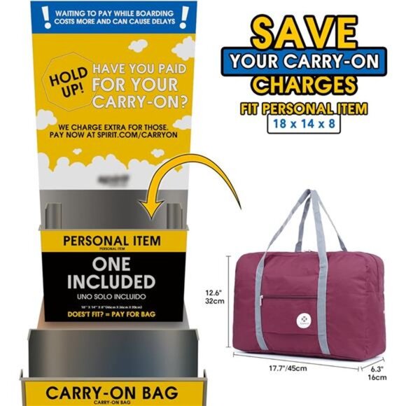 For Spirit Airlines Personal Item Bag 18x14x8 Foldable Travel Duffel Bag Tote - Picture 2 of 8